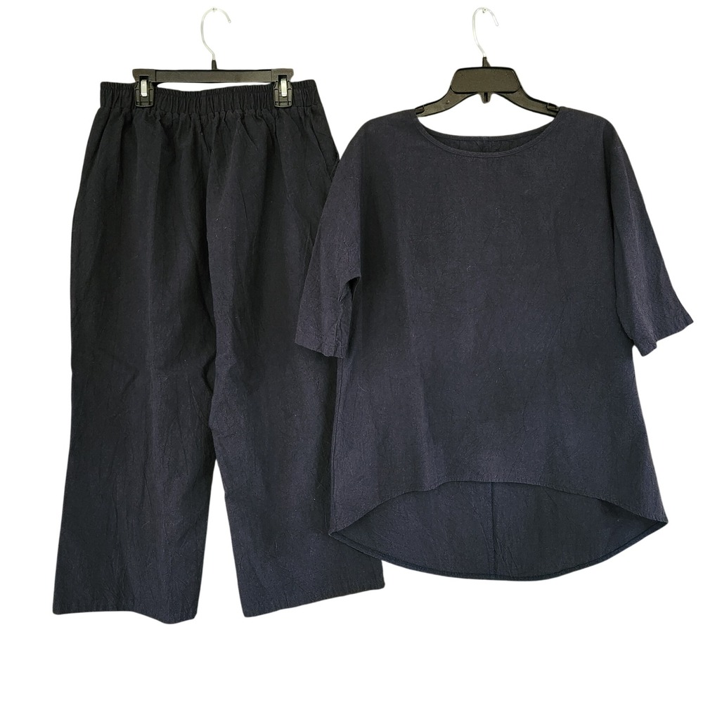 Lagenlook Textured Cotton Blend 2 Piece Set High Low Top Wide Leg Crop Pants L